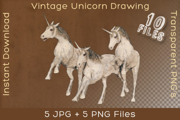 Download White Unicorn Horses Vintage Art Drawing - Premium Bundle