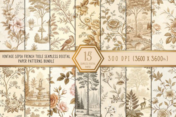 Download Vintage Sepia French Toile Digital Paper - Vintage Collection